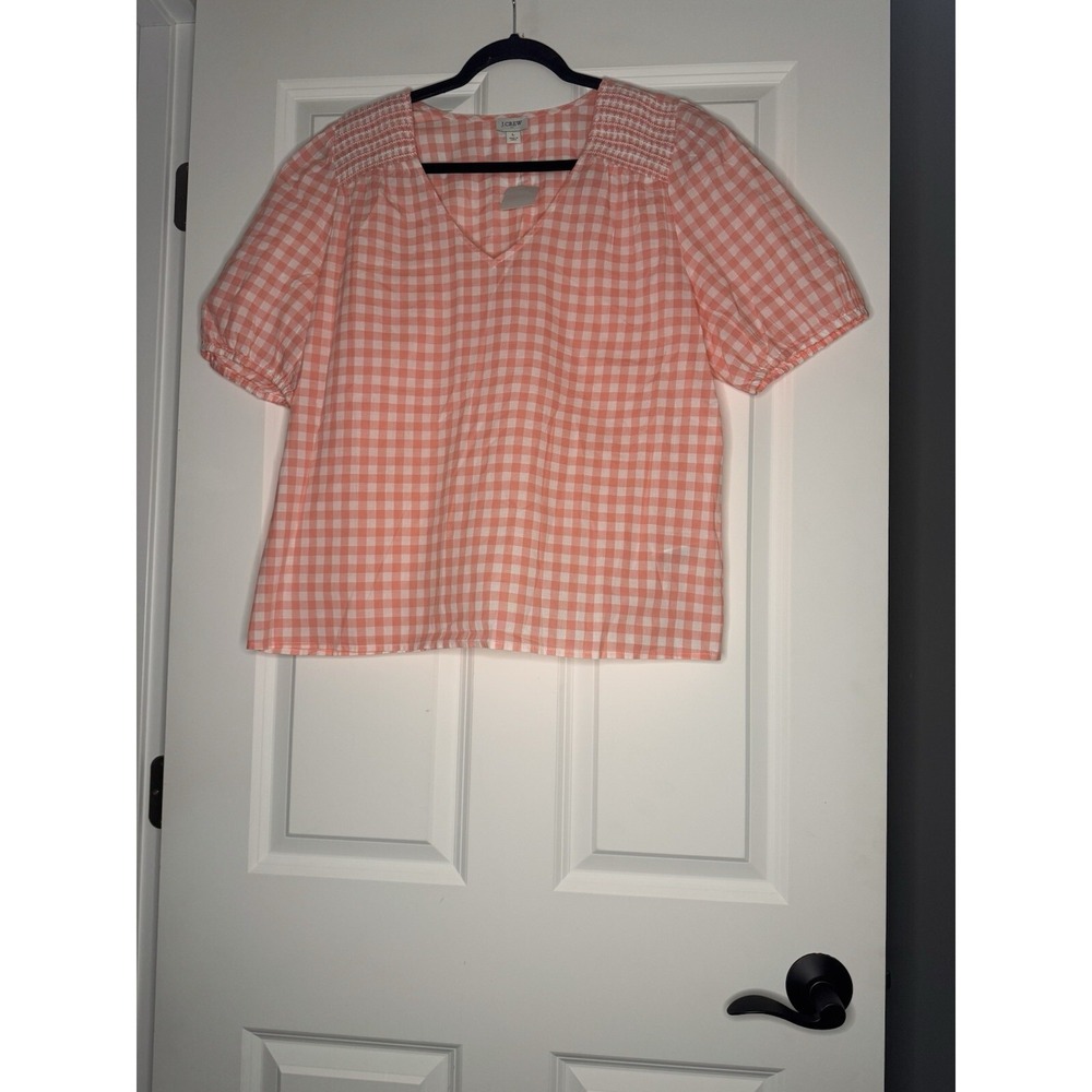 J Crew Gingham Check Puff Sleeve Top Peach White Checkered Large Nwt 79.50